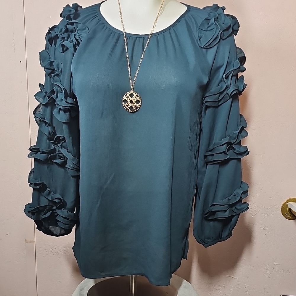 ODDY Teal Ruffle Sleeve Blouse Size 1X Long, So Cute On, Bundle For Deals